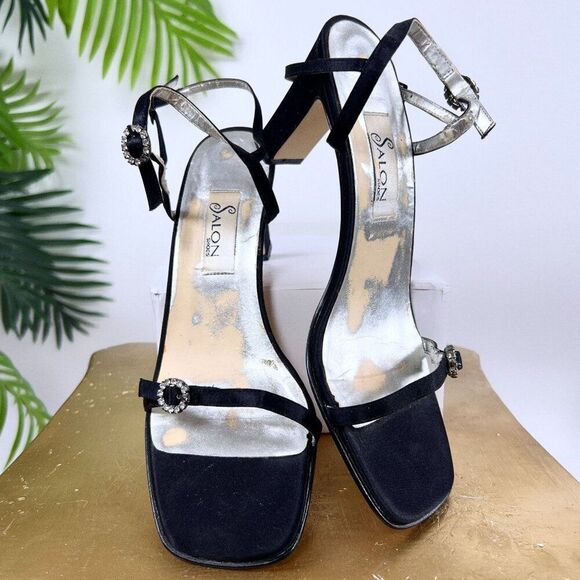 Vintage Y2K Black Elegant Open Toe Slip On 2000s Rhinestone Kitten Heels / 7 - Picture 11 of 11